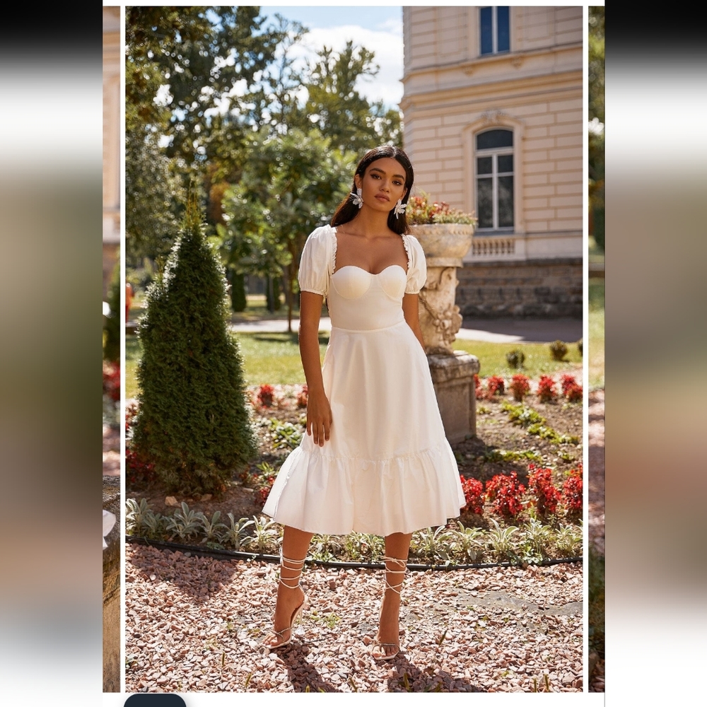 NWT Alamour Katina A-Line Midi Dress w/ classic bustier and puffy sleeves Size L